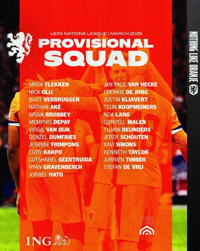 九游体育-荷兰公布新一期大名单：德利赫特和齐尔克泽落选